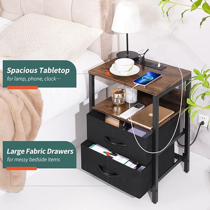 Yoobure Nightstand with Charging Station, Small Night Stand with Fabric Drawers and Storage Shelf for Bedrooms, Nightstands for Small Spaces, Bedside Table with USB Ports & Outlets, Bed Side Table - LeafyLoom