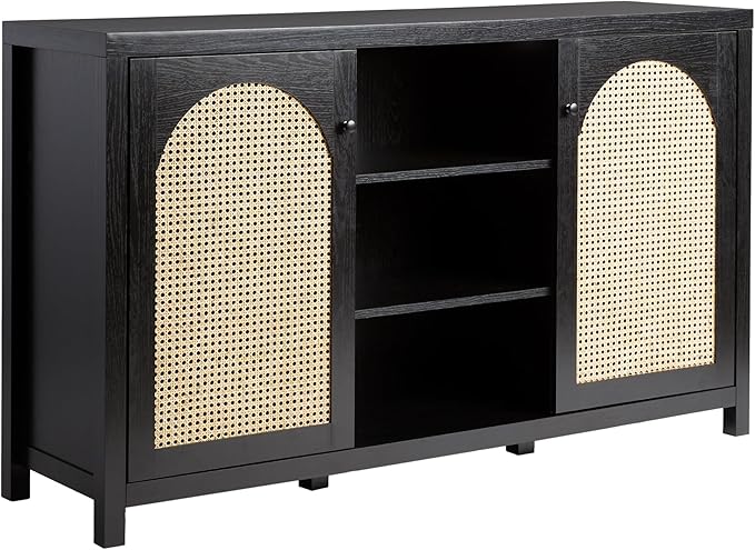 Walker Edison Boho Arched Rattan 2-Door Sideboard, 58 Inch, Black - LeafyLoom