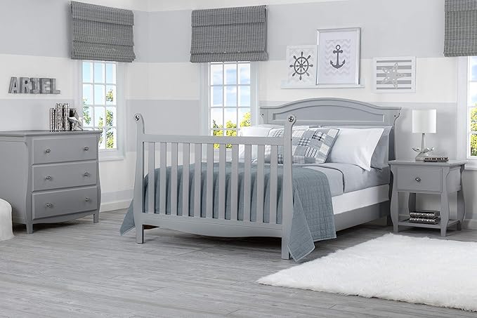 Delta Children Lancaster 4-in-1 Convertible Baby Crib, Grey + Serta Perfect Slumber Dual Sided Recycled Fiber Core Crib and Toddler Mattress (Bundle) - LeafyLoom