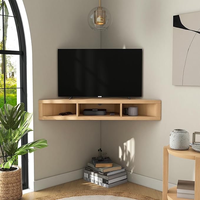 24/7 Shop at Home French 47 inch Modern TV Stand with Storage, Floating Corner Shelf for Wall, Wood Entertainment Center with Shelves for Living Room, Bedroom, Family, Gingko Maple - LeafyLoom