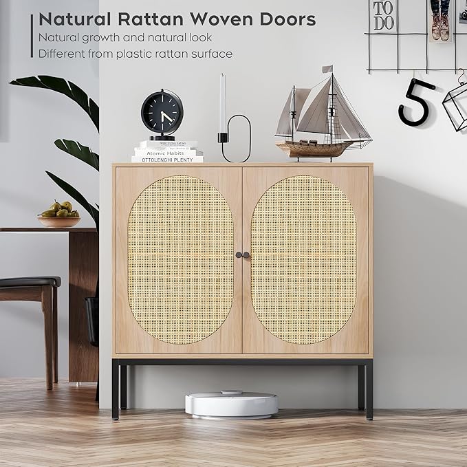 Brafab Sideboard Buffet Cabinet with Storage, Sideboard Cabinet with Natural Rattan Decorated Doors, Rattan Cabinet, Accent Cabinet, for Living Room, Entryway, Bedroom, Dining Room/OVal Doors - LeafyLoom