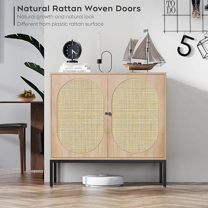 Brafab Sideboard Buffet Cabinet with Storage, Sideboard Cabinet with Natural Rattan Decorated Doors, Rattan Cabinet, Accent Cabinet, for Living Room, Entryway, Bedroom, Dining Room/OVal Doors - LeafyLoom