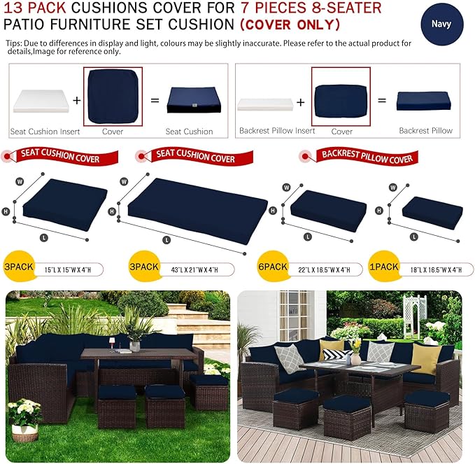 ClawsCover 13Pack Outdoor Seat and Back Cushions Replacement Covers Fit for 7Pieces Wicker Rattan Patio Furniture Set Sectional Couch with Dining Table and Ottoman,Navy-Include Cover Only - LeafyLoom