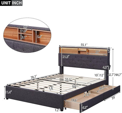 Full Size Bed Frame with LED Headboard, USB Charging, Upholstered Platform Bed with Storage Drawers and Headboard, No Box Spring Needed, Dark Gray - LeafyLoom