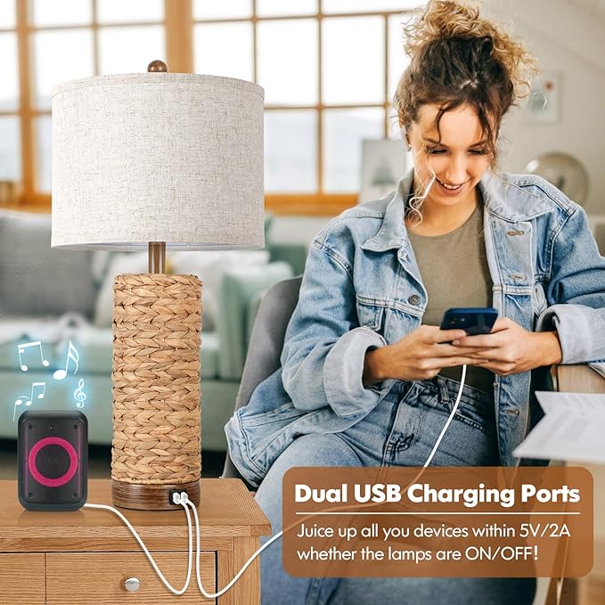 Set of 2 Rattan Table Lamps for Living Room with 2 USB Ports, 27in Tall Bedroom Lamp Costal Farmhouse, Rustic Woven Seagrass Bedside Nightstand Lamps for End Table, E26 Socket&Rotary Switch, No Bulb - LeafyLoom