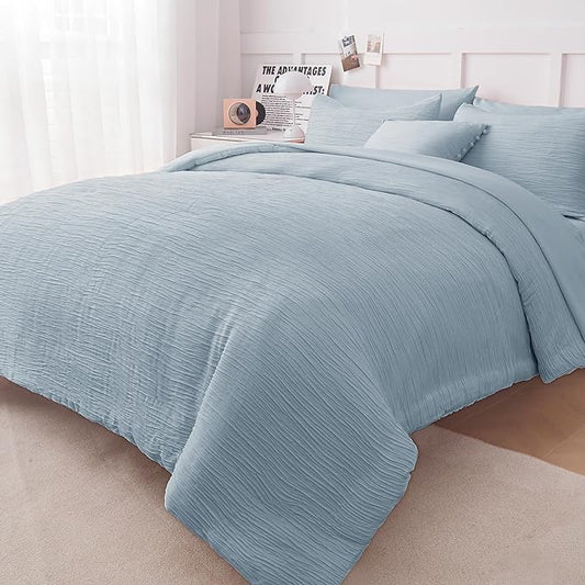 Queen Comforter Set Blue, 8 Piece Bed in a Bag Queen for All Season, Woven Texture Bedding Comforter Set with Sheets and Pillows, Soft Lightweight Queen Comforter Bed Set, Light Heaven Blue - LeafyLoom