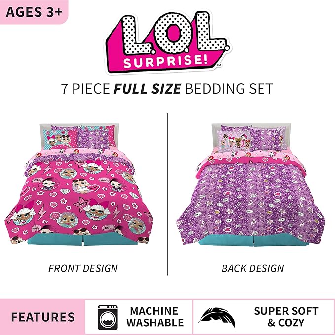 Franco Kids Bedding Super Soft Comforter and Sheet Set with Sham, 7 Piece Full Size, LOL Surprise - LeafyLoom