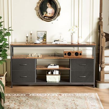 TV Stand Dresser with Power Outlets and LED Lights, 4 Drawers Entertainment Center with Shelves, 54 Inch Media Console for 55 60 Inch TV, PU Finish, Rustic Brown and Black - LeafyLoom