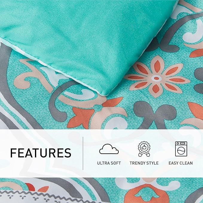 Degrees of Comfort Full Size Comforter Sets with Sheets Floral, Aqua Boho Complete Bedding Set for teen girls, Microfiber 8 Piece Bed in a Bag with Side Pockets, Matching Decorative Pillow - LeafyLoom