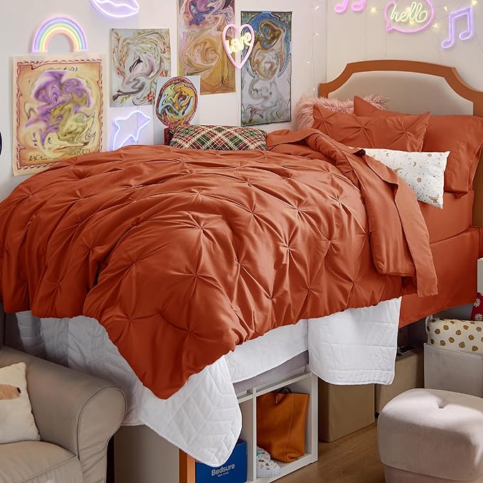 Bedsure Twin Size Comforter Sets - 5 Pieces Pintuck Bed Set Twin Size, Orange Twin Size Bed in a Bag with Comforter, Sheets, Pillowcase & Sham - LeafyLoom