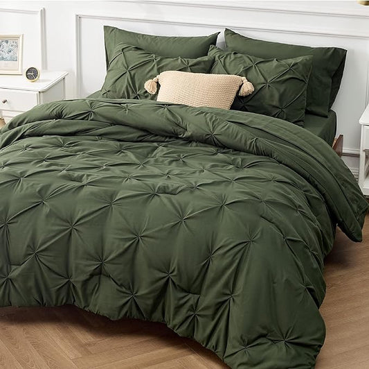 Bedsure Olive Green Comforter Set Queen - Bed in a Bag Queen 7 Pieces, Pintuck Beddding Sets Olive Green Bed Set with Comforter, Sheets, Pillowcases & Shams - LeafyLoom