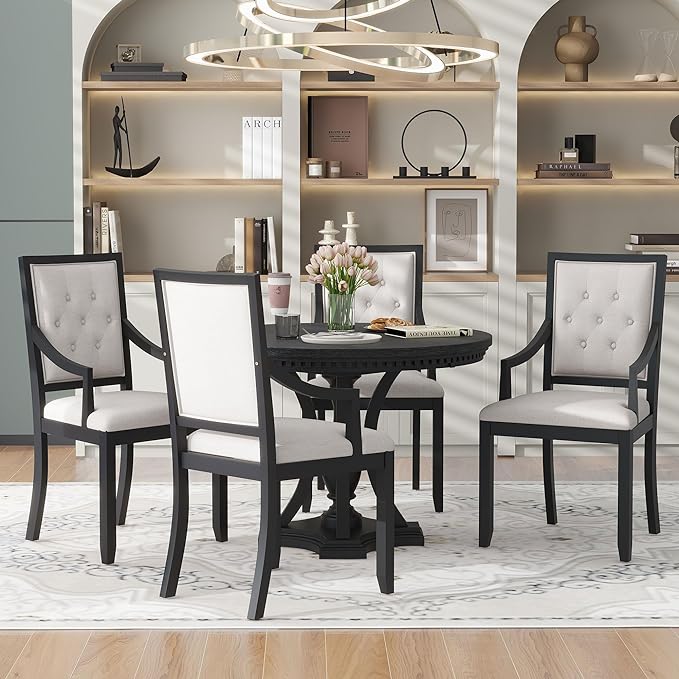 5-Piece Retro Elegant Extendable Round Dining Table Set with 4 Curved Armrest Upholstered Chairs for Kitchen, Breakfast Nook, Living Room, Oak, 42"-58" L x 42" W x 30" H, Black(Armchairs) - LeafyLoom