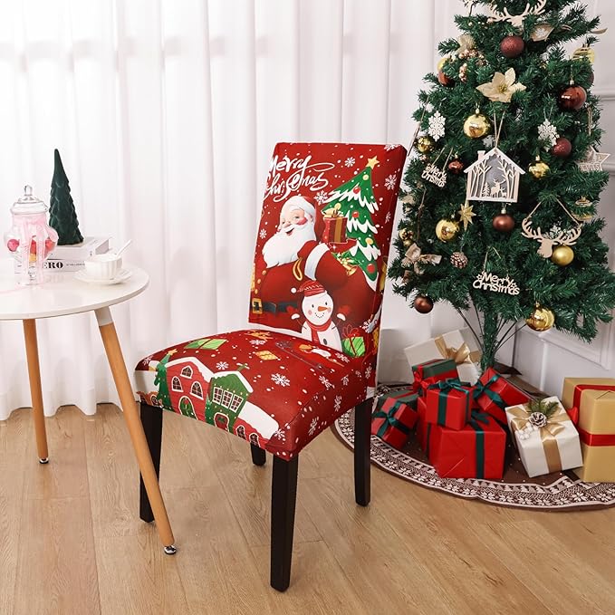 U'Artlines Christmas Chair Covers Set of 6, Removable Washable Merry Christmas Dining Chair Seat Covers Stretch Protector Slipcovers for Dining Room Kitchen Holiday Party Decor, Santa Claus UArtlines