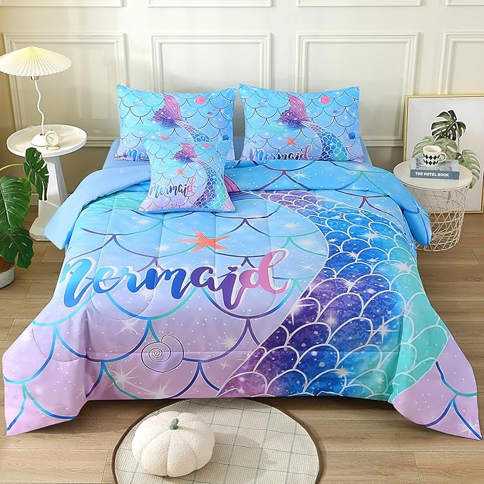 JQinHome Mermaid Comforter Set Full Size, 6 Piece Mermaid Tail Bed in A Bag,3D Colorful Mermaid Bedding Set for Girls Kids, Sparkle Teal Bedroom Decor Bedding Set with Sheets (Blue) - LeafyLoom