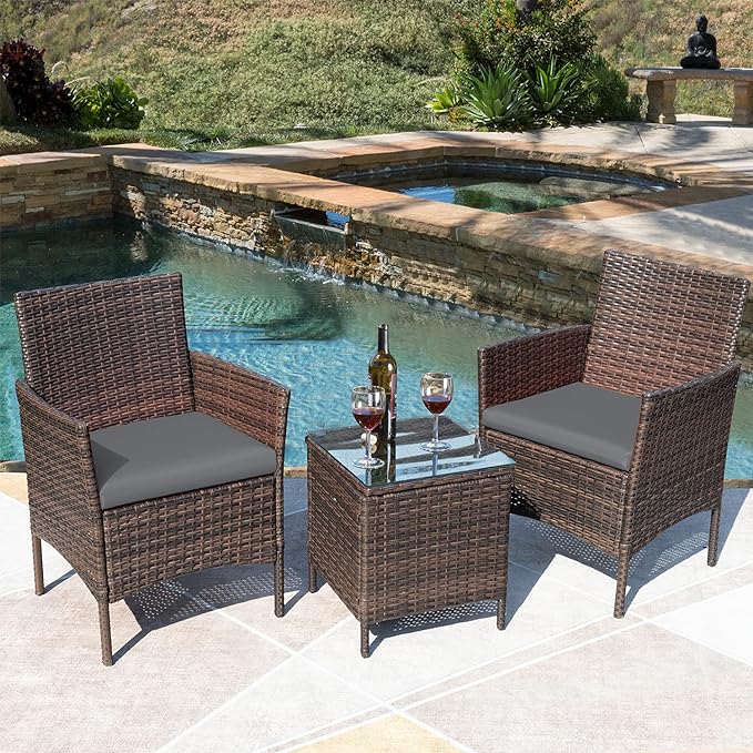 Greesum 3 Pieces Patio Furniture Sets Outdoor PE Rattan Wicker Chairs with Soft Cushion and Glass Coffee Table for Garden Backyard Porch Poolside, Brown and Gray - LeafyLoom