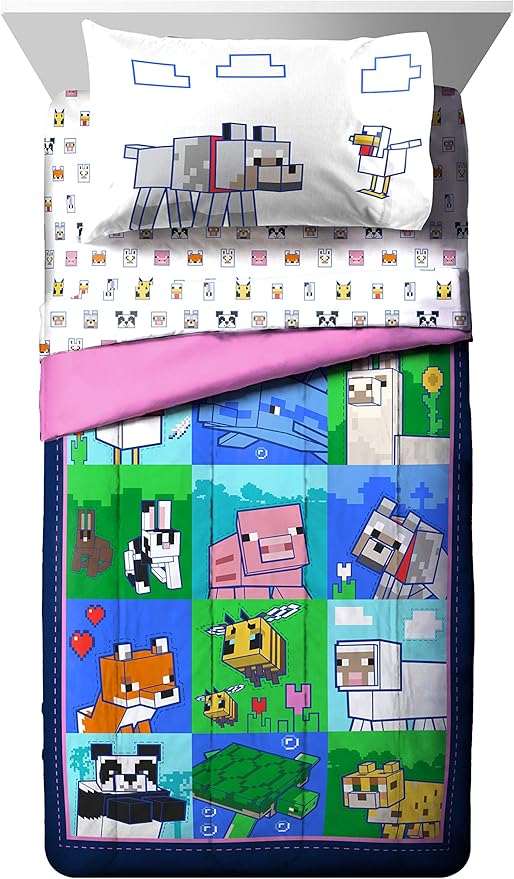 Jay Franco Minecraft Animal Patch 7 Piece Full Bed Set - includes Comforter & Sheet Set Bedding - Super Soft Fade Resistant Microfiber (Official Minecraft Product) - LeafyLoom