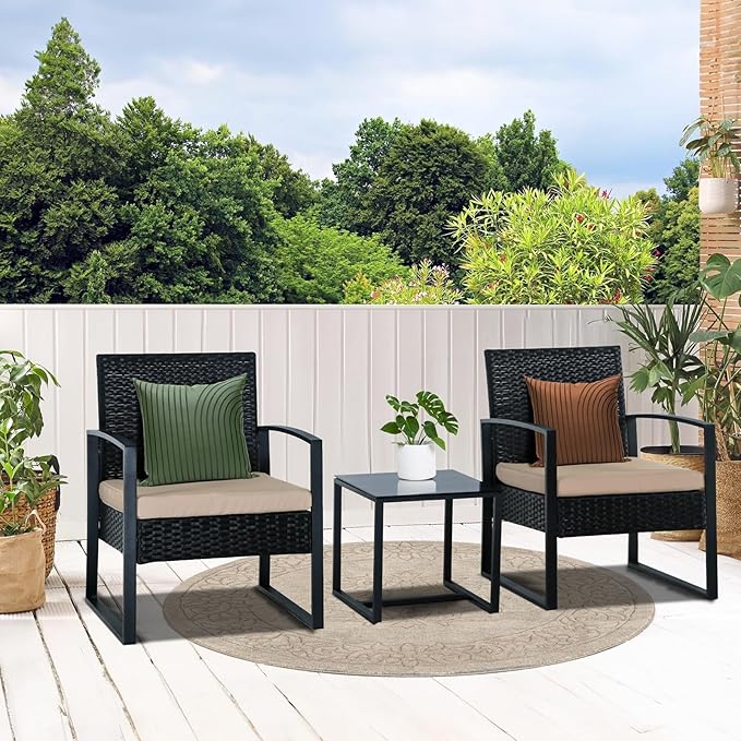 3 Pieces Patio Furniture Set, Outdoor Patio Set, Patio Bistro Set, All-Weather Wicker Conversation Set with Cushions Table for Porch Backyard (Black-Brown) - LeafyLoom