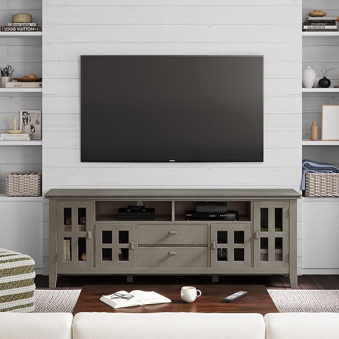 SIMPLIHOME Artisan Solid Wood 72 inch Wide Contemporary TV Media Stand in Farmhouse Grey for TVs up to 80 inches - LeafyLoom