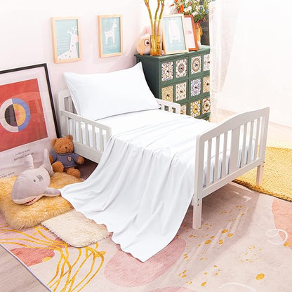 NTBAY Toddler Bedding Set - 4 Piece Soft and Breathable Crib Bedding Set for Boys and Girls, Includes Quilted Comforter, Fitted Sheet, Flat Top Sheet and Envelope Pillowcase, White - LeafyLoom