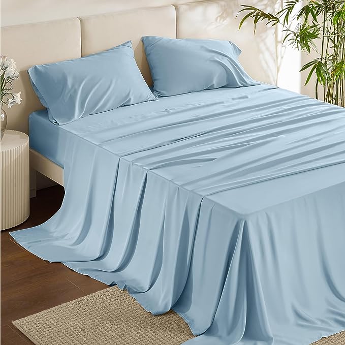 Bedsure Full Size Sheets, Cooling Sheets Full, Rayon Derived from Bamboo, Deep Pocket Up to 16", Breathable & Soft Bed Sheets, Hotel Luxury Silky Bedding Sheets & Pillowcases, Teal Blue - LeafyLoom