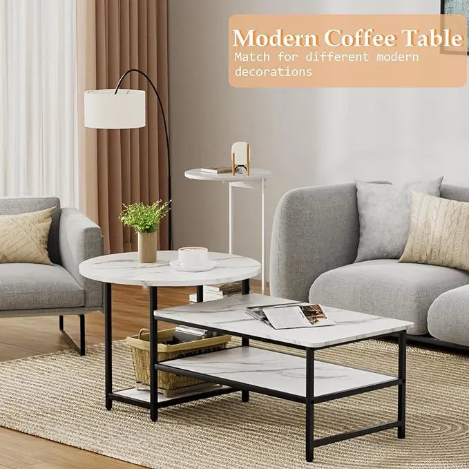 WOHOMO Coffee Table, White Modern Coffee Tables for Living Room, Detachable 2 Small Coffee Tables, Faux White Marble - LeafyLoom