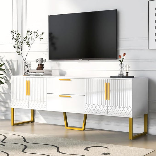 67" TV Stand with 2 Drawers and Cabinets, Modern Television Stands with Metal Legs and Handles for TVs up to 75 Inches, TV Console Table for Living room, White - LeafyLoom