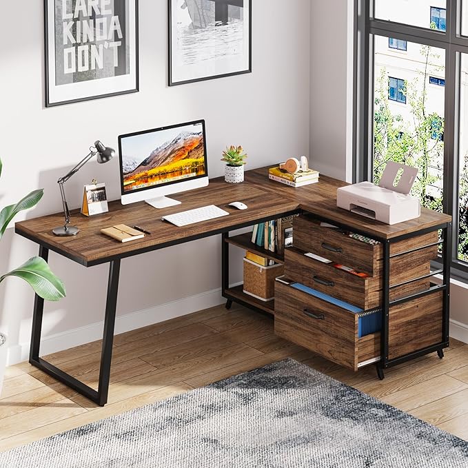 Reversible 53-inch L Shaped Desk with 3 Drawer, Farmhouse Corner Desk Gaming Table with Shelves and File Cabinet for Letter Size & Legal Size File for Home Office and Small Space - LeafyLoom