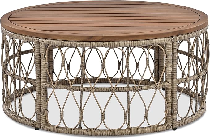 Merax Outdoor Patio Furniture Sets, Bohemia-Inspired Wicker Conversation Seating Group, with Soft Cushions and Wood Tabletop, 4 PCS, Beige - LeafyLoom