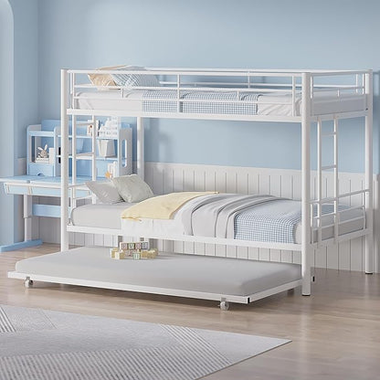 VECELO Twin Over Twin Bunk Bed with Trundle, Metal Bunkbeds with Ladder and Full-Length Guardrail, Noise Free, No Box Spring Needed, Off White - LeafyLoom