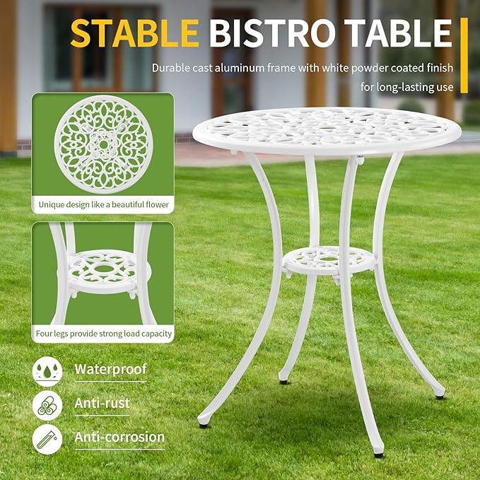 Patio Bistro Sets, Cast Aluminum Bistro Table and Chairs Set of 2 with Umbrella Hole, Bistro Set 3 Piece Outdoor, Metal Patio Furniture Set for Garden Porch, White - LeafyLoom