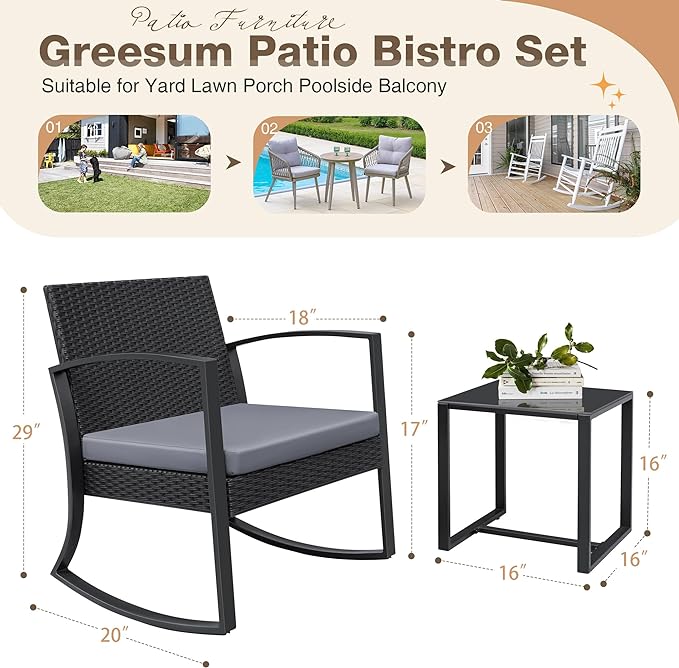 Greesum 3 Pieces Outdoor Furniture Set Patio Bistro Rocking Chairs with Glass Coffee Table for Pool Beach Backyard Balcony Porch Deck Garden, Gray - LeafyLoom