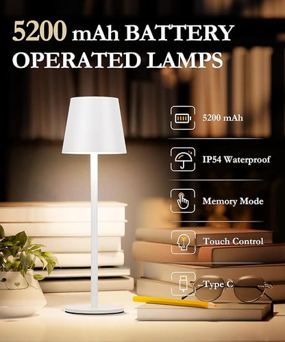 2Pack Cordless Table Lamp, 5200mAh IP54 Waterproof Rechargeable Battery Desk Lamp, 3 Color Stepless Dimming Up, Battery Operated Lamp for Kitchen/Bedside/Outdoor/Restaurant/Camping (White) - LeafyLoom