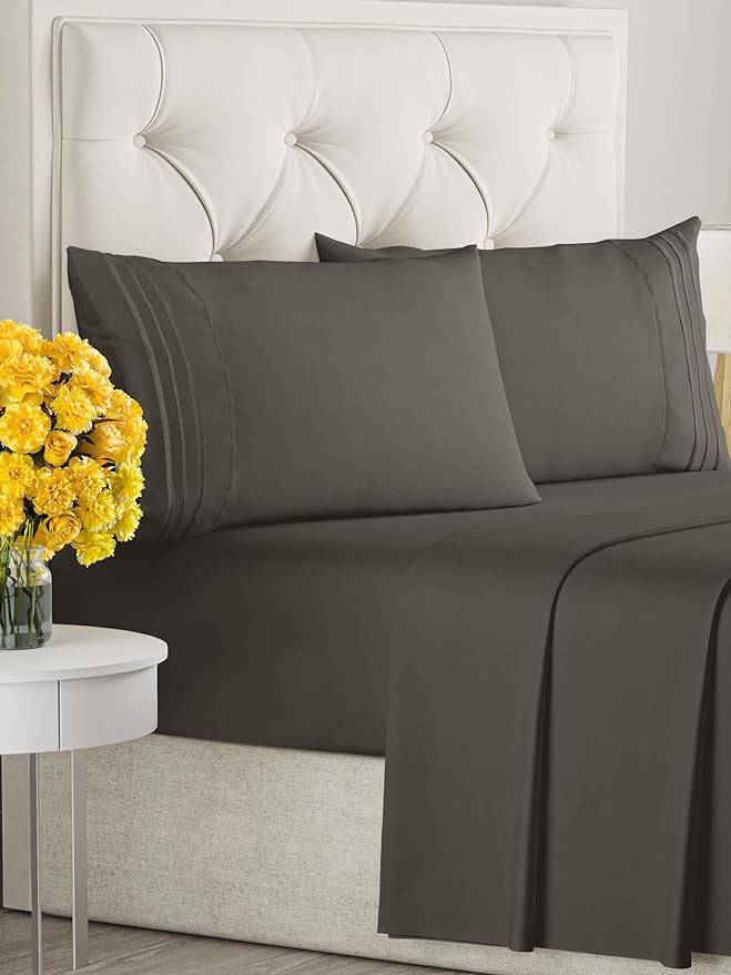 Cal King Size 4 Piece Sheet Set - Comfy Breathable & Cooling Sheets - Hotel Luxury Bed Sheets for Women & Men - Deep Pockets, Easy-Fit, Soft & Wrinkle Free Sheets - Charcoal Oeko-Tex Bed Sheet Set - LeafyLoom