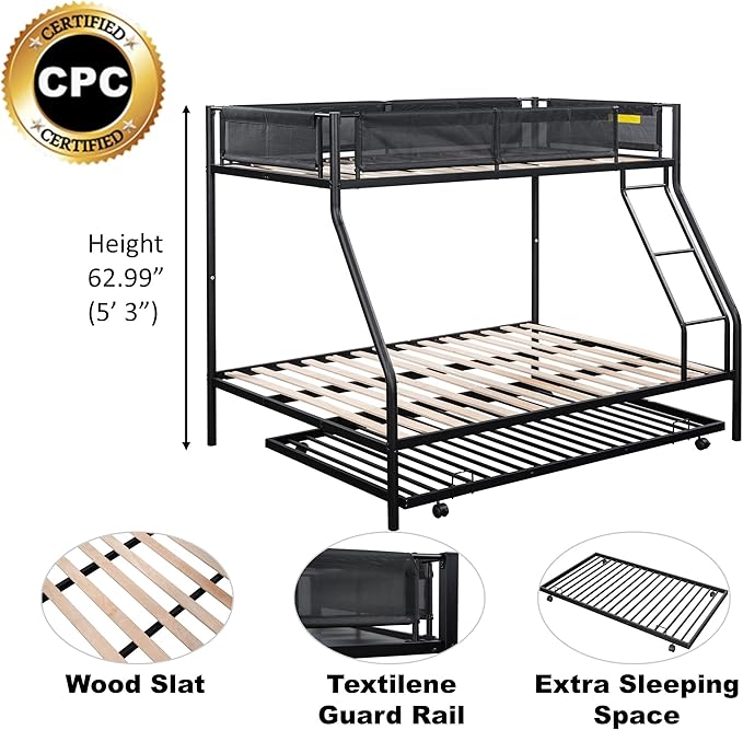 Twin over Full Metal Bunk Bed with Trundle,Sturdy-Metal Bed-Frame,Noise-Free Wood Slats,Comfortable Textilene Guardrail,Space-saving Trundle,Bunk-Bed for Three,No Box Spring Needed,Black - LeafyLoom