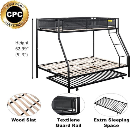 Twin over Full Metal Bunk Bed with Trundle,Sturdy-Metal Bed-Frame,Noise-Free Wood Slats,Comfortable Textilene Guardrail,Space-saving Trundle,Bunk-Bed for Three,No Box Spring Needed,Black - LeafyLoom