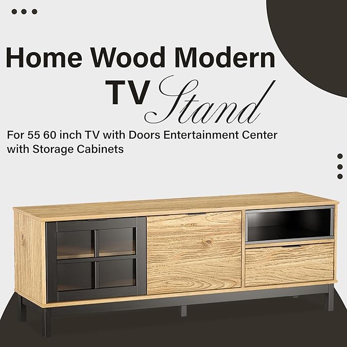 Home Wood Modern TV Stand for 55 60-inch TV with Doors - Entertainment Center with Storage Cabinets - TV Console, Media Console for Living Room -Light Wood and Black Console for Living Room or Bedroom - LeafyLoom