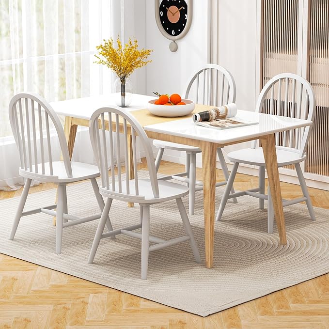 HAPPYGRILL 2 Pieces Wooden Dining Chairs Set, Vintage Armless Windsor Chairs, Kitchen Dining Chairs with Backrest, White - LeafyLoom