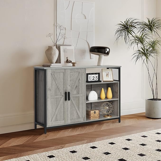 WEENFON Floor Storage Cabinet, Buffet Storage Cabinet with 2 Barn Doors, Industrial Sideboard with Adjustable Shelves, Buffet Table for Dining Room, Living Room, Kitchen, Grey - LeafyLoom