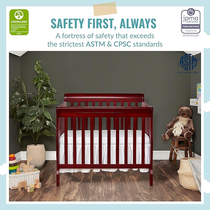 Aden 4-in-1 Convertible Mini Crib In Cherry, Greenguard Gold Certified, Non-Toxic Finish, New Zealand Pinewood, With 3 Mattress Height Settings - LeafyLoom