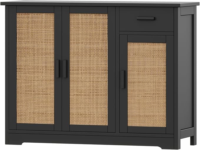 Irontar Kitchen Storage Cabinet, Sideboard Buffet Cabinet with Rattan Decorated Doors, Farmhouse Console Table with Drawer, Coffee Bar, Accent Table for Living Room, Black and Natural CWG010BM - LeafyLoom