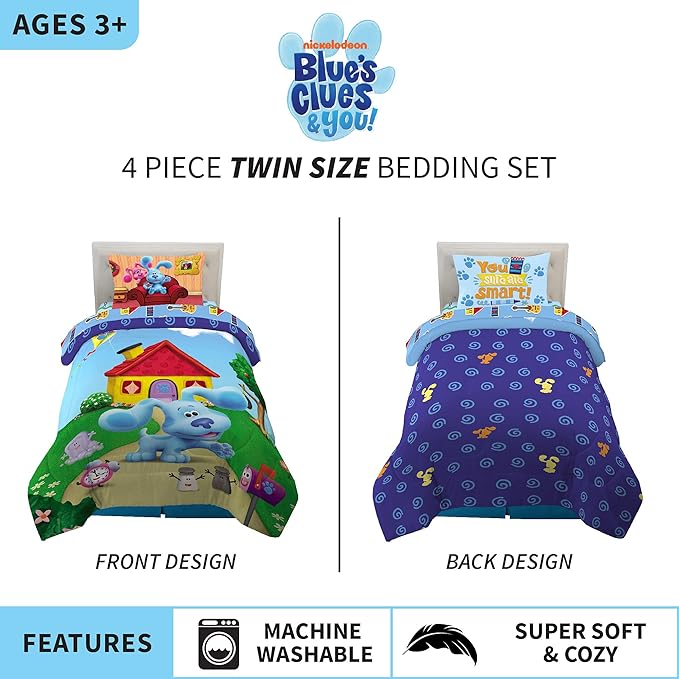 Franco Kids Bedding Super Soft Comforter and Sheet Set, 4 Piece Twin Size, Blues Clues - LeafyLoom