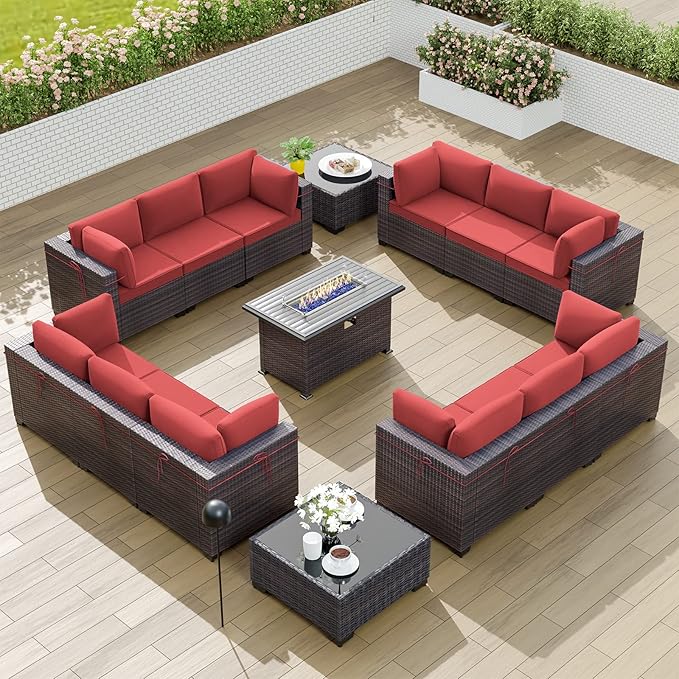 Kullavik 15PCS Outdoor Patio Furniture Set with 43" 55000BTU Gas Propane Fire Pit Table PE Wicker Rattan Sectional Sofa Patio Conversation Sets w/8 Coner Sofas,Red - LeafyLoom