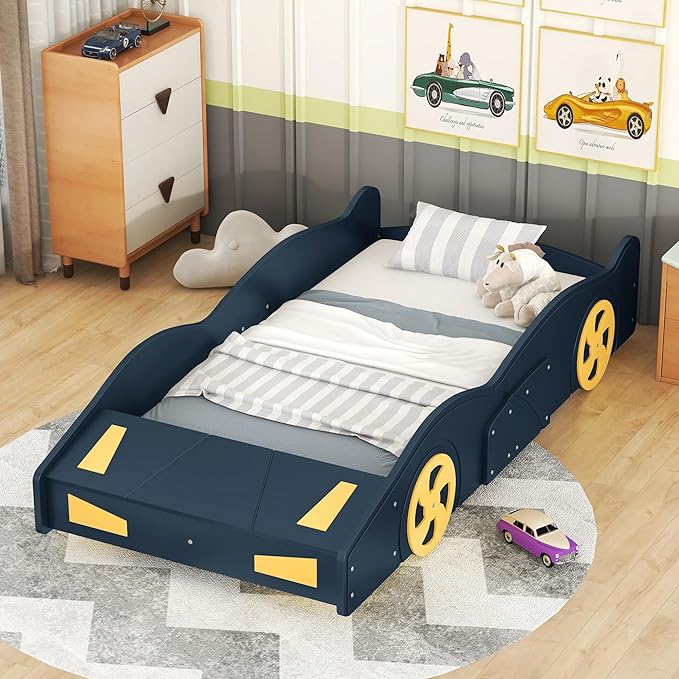 Twin Size Race Car Bed for Kids, Car-Shaped Bed Frame with Wheels and Storage Footboard for Boys, Wood Slats Support,No Box Spring Needed, Dark Blue+Yellow - LeafyLoom