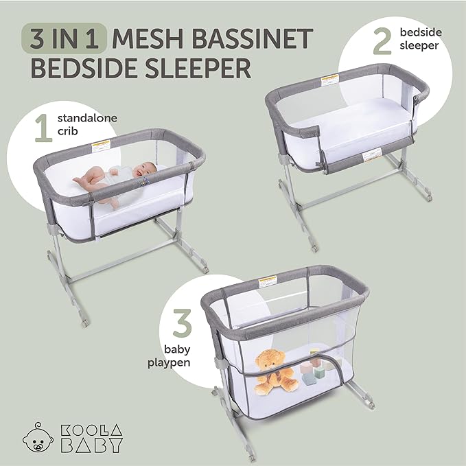 3 in 1 Baby Bassinet, Bedside Sleeper, & Playpen, Easy Folding Portable Crib (Grey)- KoolaBaby (Mesh Bassinet) - LeafyLoom