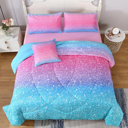 JQinHome Glitter Comforter Set Queen Size, 6 Piece Bed in A Bag 3D Colorful Duvet Pink Blue Bedding Set for Girls Women (1 Comforter,2 Pillowcases,1 Flat Sheet,1 Fitted Sheet,1 Cushion Cover) - LeafyLoom