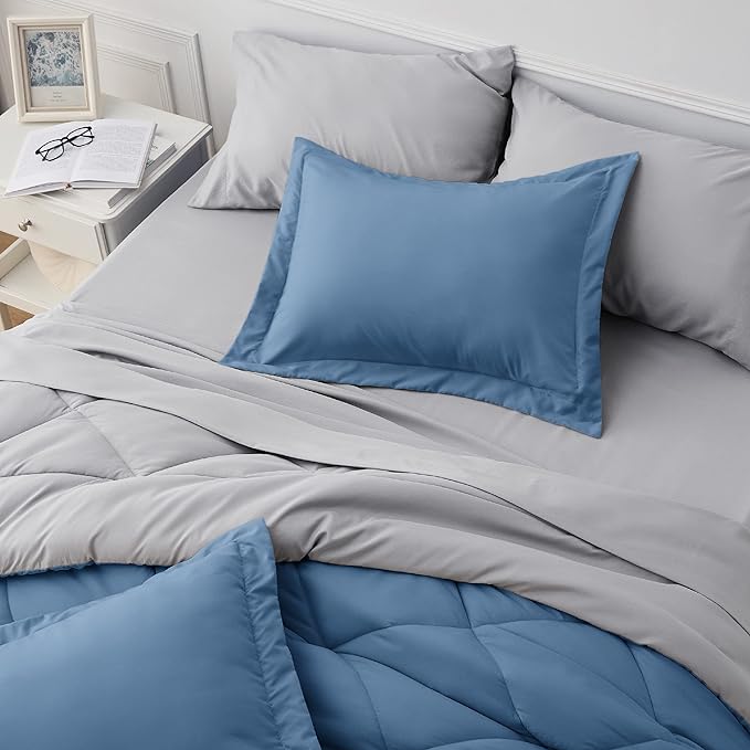 Bedsure Blue Twin Comforter Set - 5 Pieces Reversible Blue Bedding Set Twin, Blue Extra Long Bed Set with Comforters, Sheets, Pillowcase & Sham - LeafyLoom