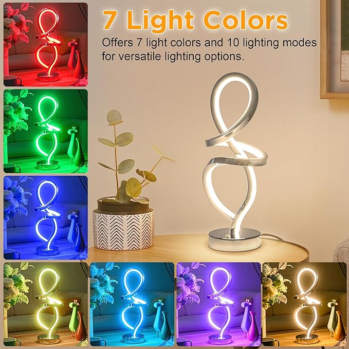 Modern Table Lamp, RGB Table Lamp，LED Spiral Lamp, Silver Bedside Lamp with 7 Colors 10 Light Modes, Touch Dimmable Nightstand Lamp for Bedroom Living Room Home Office, 15W - LeafyLoom