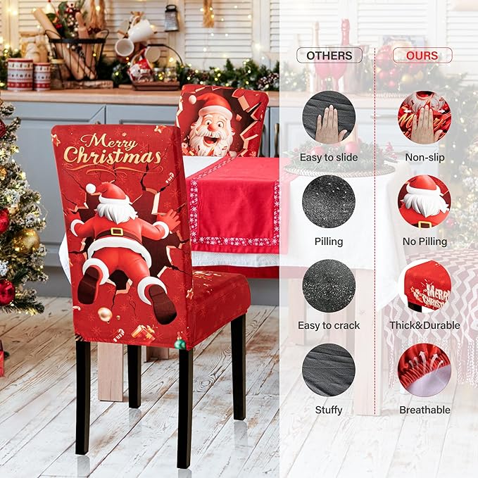 4PCS Christmas Dining Chair Covers Stretch Removable Washable Dining Room Chair Protector Slipcover 3D Print Santa Claus Deer Kitchen Chair Cover Slipcovers Protector for Xmas Holiday Party Home Décor CZL