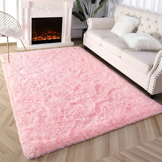 Super Soft Fluffy Shaggy Rugs 5x8 Feet for Living Room Bedroom, Fuzzy Plush Area Rugs for Girls Kids Room Nursery Home Decor, Furry Dorm Rug Cute Non-Slip Indoor Floor Carpet, Baby Pink - LeafyLoom