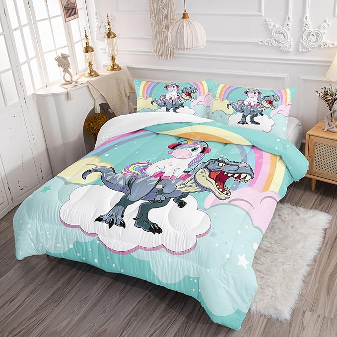 Unicorn Comforter Set 3Pcs Cartoon Dinosaur Kids Bedding Set Rainbow Cloudy Star Bed Set with 1 Comforter and 2 Pillowcases - LeafyLoom